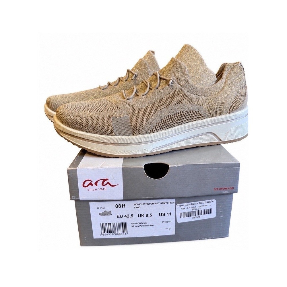 NEW Ara Sapporo 3.0 Woven Stretch Metallic Shoes Sneakers Sand Gold US 11